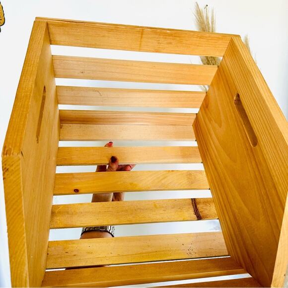 Modern Rustic Raw Light Beige Wood Slat Handle Bucket Box Crate Storage With Lip - Picture 6 of 9
